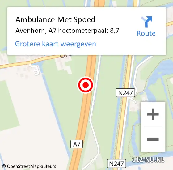 Locatie op kaart van de 112 melding: Ambulance Met Spoed Naar Avenhorn, A7 hectometerpaal: 8,7 op 23 mei 2014 10:31