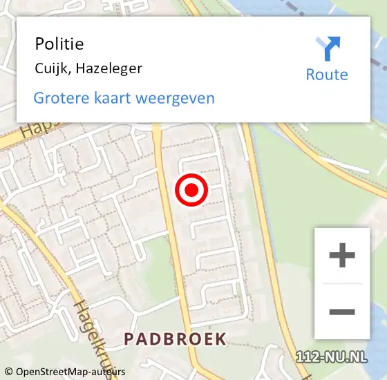 Locatie op kaart van de 112 melding: Politie Cuijk, Hazeleger op 5 november 2020 08:35