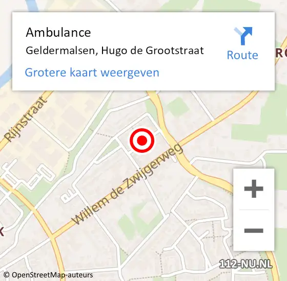 Locatie op kaart van de 112 melding: Ambulance Geldermalsen, Hugo de Grootstraat op 9 november 2020 16:51