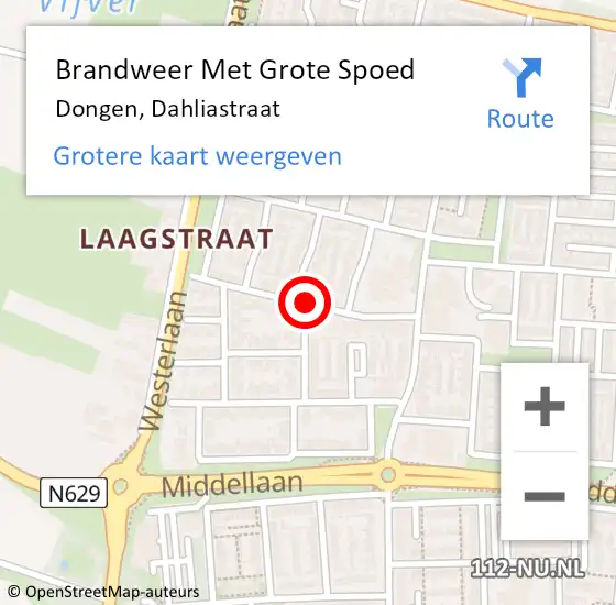 Locatie op kaart van de 112 melding: Brandweer Met Grote Spoed Naar Dongen, Dahliastraat op 11 november 2020 11:57