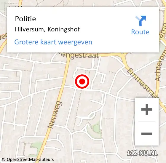 Locatie op kaart van de 112 melding: Politie Hilversum, Koningshof op 16 november 2020 12:25