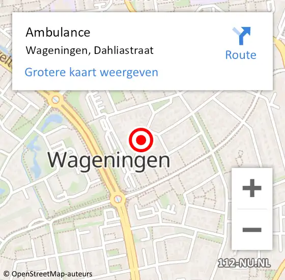 Locatie op kaart van de 112 melding: Ambulance Wageningen, Dahliastraat op 19 november 2020 16:37