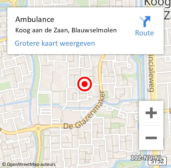 Locatie op kaart van de 112 melding: Ambulance Koog aan de Zaan, Blauwselmolen op 20 november 2020 15:02