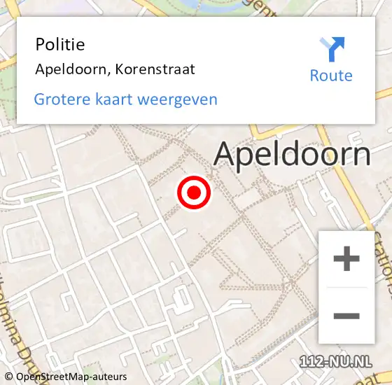 Locatie op kaart van de 112 melding: Politie Apeldoorn, Korenstraat op 22 november 2020 04:11