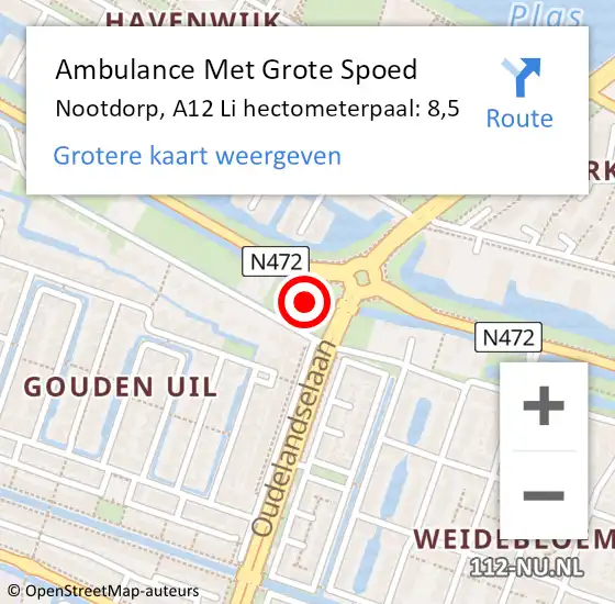 Locatie op kaart van de 112 melding: Ambulance Met Grote Spoed Naar Nootdorp, A12 Li hectometerpaal: 8,5 op 23 november 2020 11:04