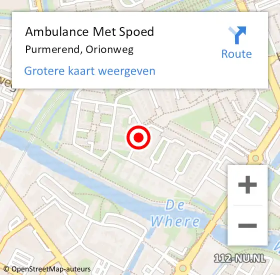 Locatie op kaart van de 112 melding: Ambulance Met Spoed Naar Purmerend, Orionweg op 23 november 2020 17:05