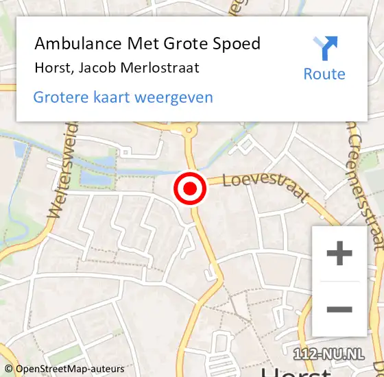 Locatie op kaart van de 112 melding: Ambulance Met Grote Spoed Naar Horst, Jacob Merlostraat op 25 mei 2014 16:09