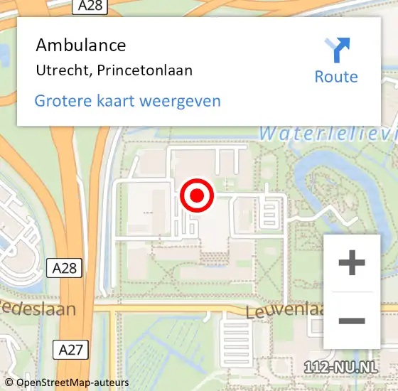 Locatie op kaart van de 112 melding: Ambulance Utrecht, Princetonlaan op 25 november 2020 14:40