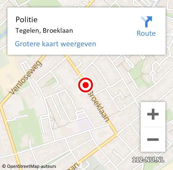 Locatie op kaart van de 112 melding: Politie Tegelen, Broeklaan op 26 november 2020 07:38