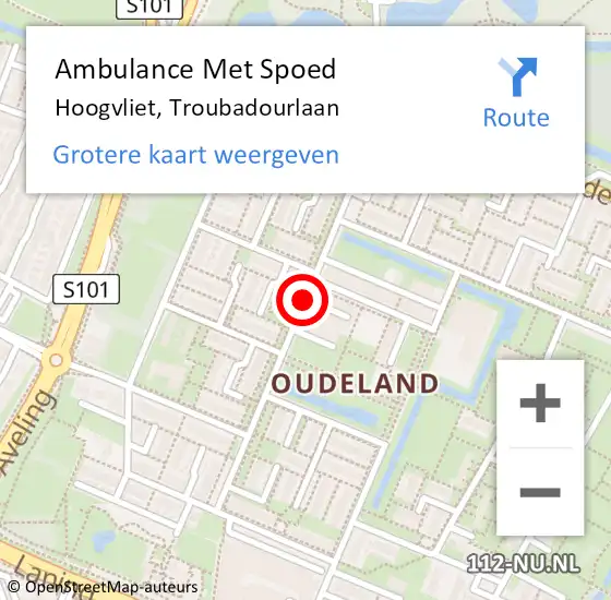 Locatie op kaart van de 112 melding: Ambulance Met Spoed Naar Hoogvliet, Troubadourlaan op 26 november 2020 12:03
