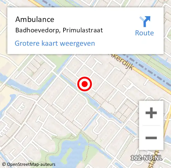 Locatie op kaart van de 112 melding: Ambulance Badhoevedorp, Primulastraat op 26 november 2020 14:49