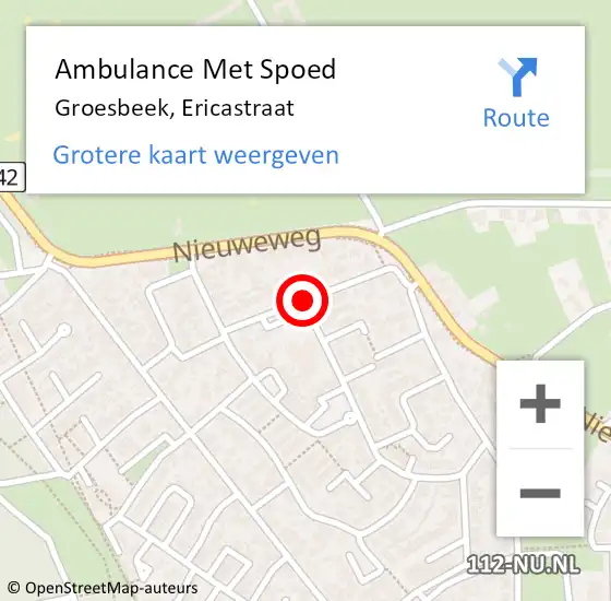 Locatie op kaart van de 112 melding: Ambulance Met Spoed Naar Groesbeek, Ericastraat op 27 november 2020 22:11