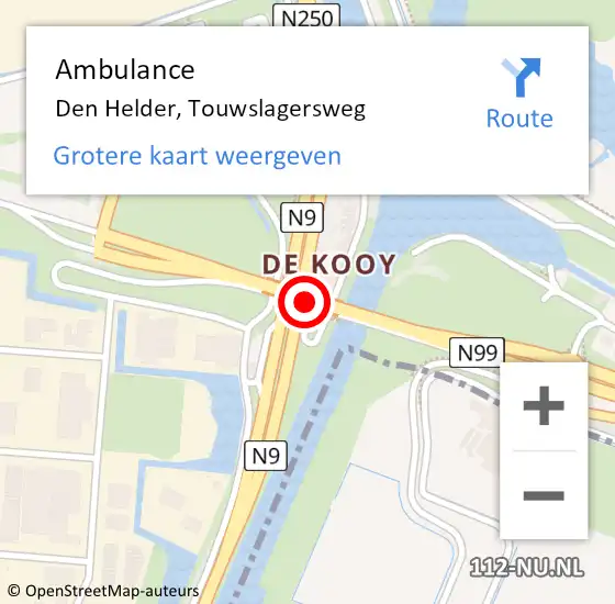 Locatie op kaart van de 112 melding: Ambulance Den Helder, Touwslagersweg op 30 november 2020 09:41