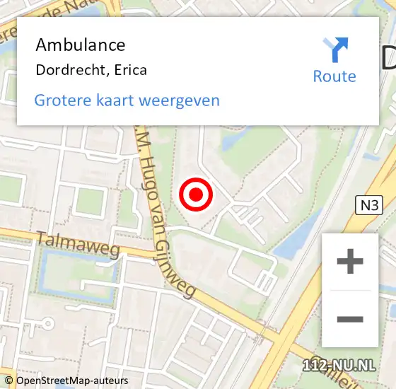 Locatie op kaart van de 112 melding: Ambulance Dordrecht, Erica op 1 december 2020 13:23