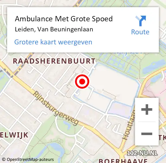 Locatie op kaart van de 112 melding: Ambulance Met Grote Spoed Naar Leiden, Van Beuningenlaan op 4 december 2020 12:49