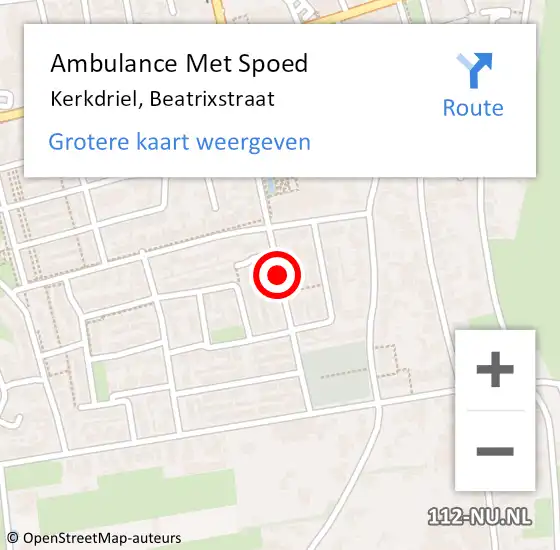 Locatie op kaart van de 112 melding: Ambulance Met Spoed Naar Kerkdriel, Beatrixstraat op 5 december 2020 08:53