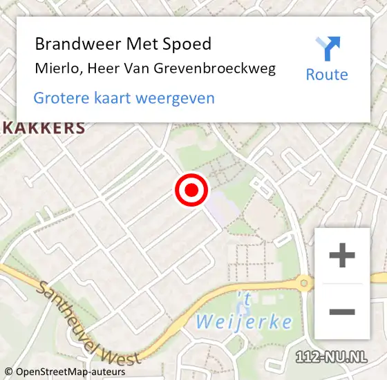 Locatie op kaart van de 112 melding: Brandweer Met Spoed Naar Mierlo, Heer Van Grevenbroeckweg op 8 december 2020 21:34