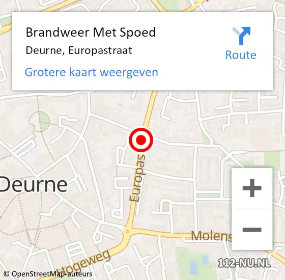 Locatie op kaart van de 112 melding: Brandweer Met Spoed Naar Deurne, Europastraat op 8 december 2020 22:09