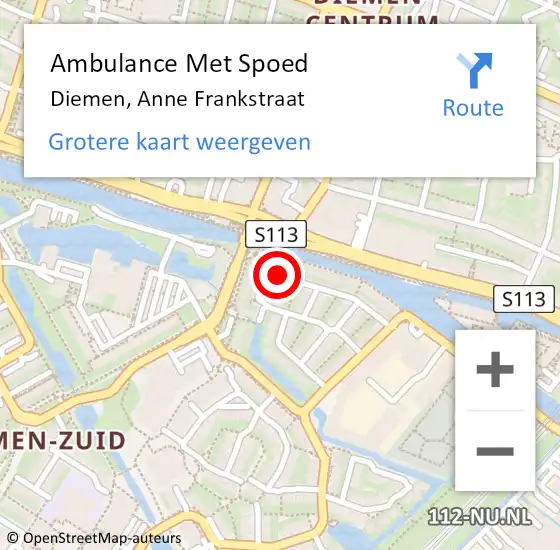 Locatie op kaart van de 112 melding: Ambulance Met Spoed Naar Diemen, Anne Frankstraat op 10 december 2020 00:55