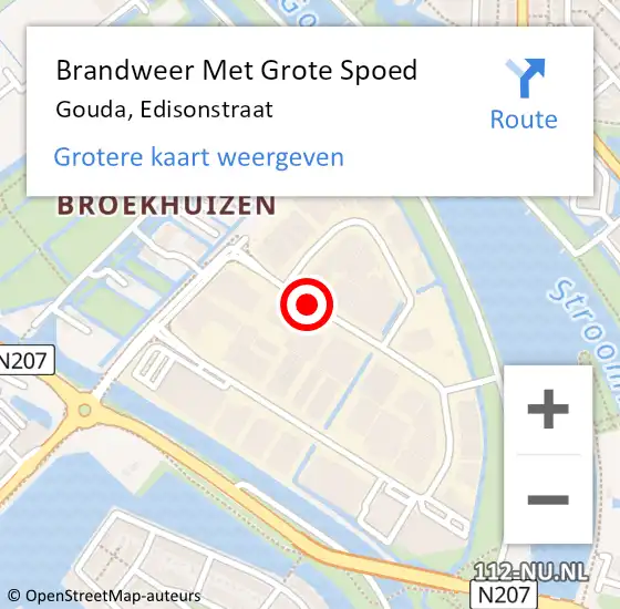 Locatie op kaart van de 112 melding: Brandweer Met Grote Spoed Naar Gouda, Edisonstraat op 13 december 2020 00:09