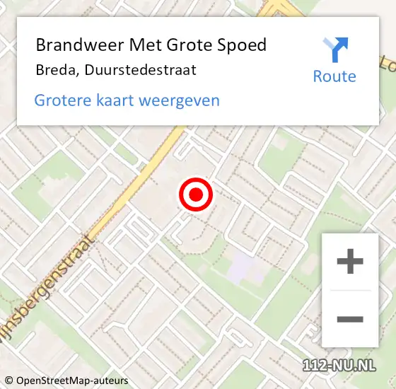 Locatie op kaart van de 112 melding: Brandweer Met Grote Spoed Naar Breda, Duurstedestraat op 13 december 2020 01:05