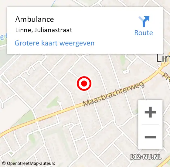 Locatie op kaart van de 112 melding: Ambulance Linne, Julianastraat op 18 december 2020 09:58