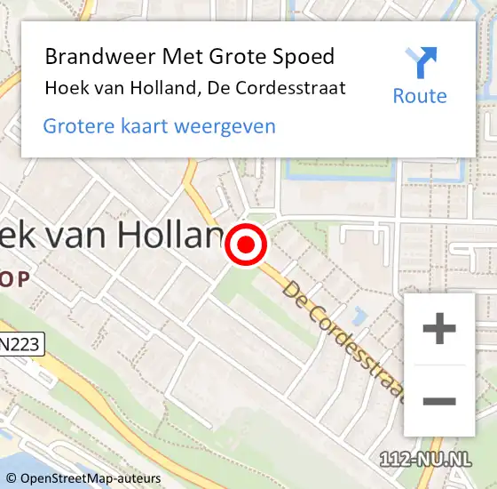 Locatie op kaart van de 112 melding: Brandweer Met Grote Spoed Naar Hoek van Holland, De Cordesstraat op 18 december 2020 10:28