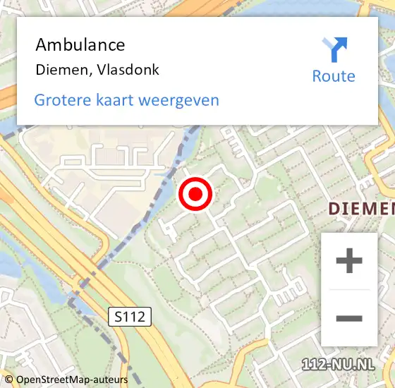 Locatie op kaart van de 112 melding: Ambulance Diemen, Vlasdonk op 20 december 2020 09:22