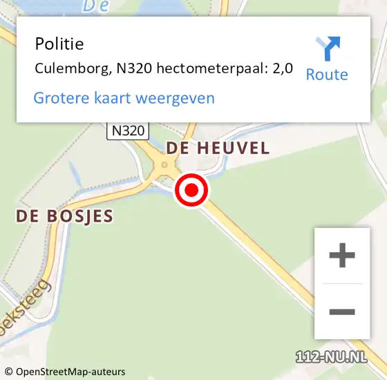 Locatie op kaart van de 112 melding: Politie Culemborg, N320 hectometerpaal: 2,0 op 20 december 2020 18:02