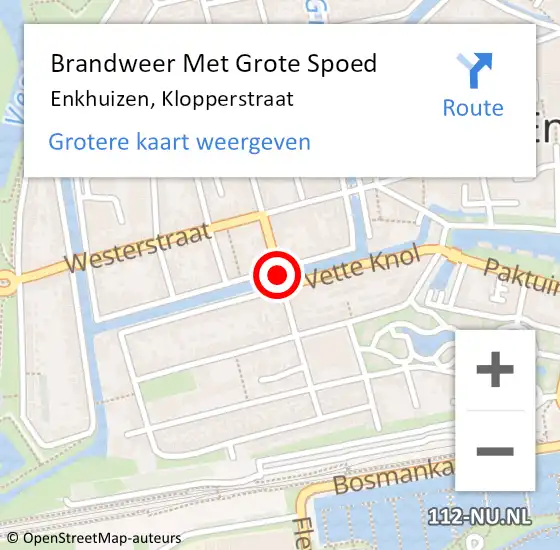 Locatie op kaart van de 112 melding: Brandweer Met Grote Spoed Naar Enkhuizen, Klopperstraat op 21 december 2020 13:27