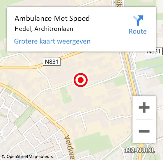 Locatie op kaart van de 112 melding: Ambulance Met Spoed Naar Hedel, Architronlaan op 26 december 2020 10:23