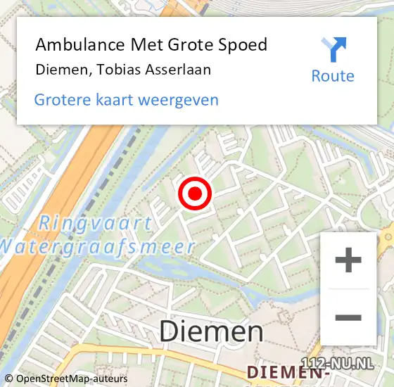 Locatie op kaart van de 112 melding: Ambulance Met Grote Spoed Naar Diemen, Tobias Asserlaan op 27 december 2020 09:49