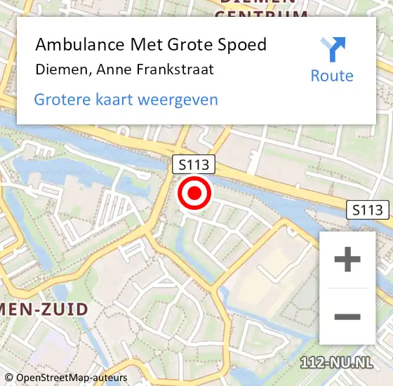 Locatie op kaart van de 112 melding: Ambulance Met Grote Spoed Naar Diemen, Anne Frankstraat op 28 december 2020 06:58