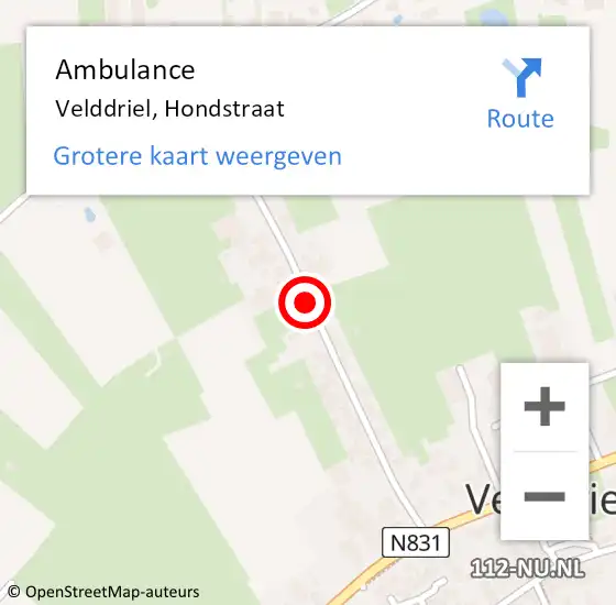 Locatie op kaart van de 112 melding: Ambulance Velddriel, Hondstraat op 29 december 2020 12:23