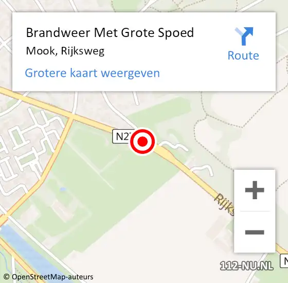 Locatie op kaart van de 112 melding: Brandweer Met Grote Spoed Naar Mook, Rijksweg op 4 januari 2021 14:39