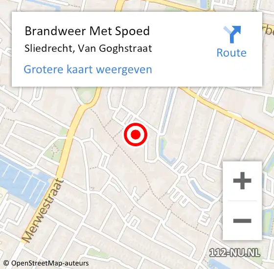 Locatie op kaart van de 112 melding: Brandweer Met Spoed Naar Sliedrecht, Van Goghstraat op 6 januari 2021 15:05