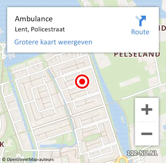 Locatie op kaart van de 112 melding: Ambulance Lent, Policestraat op 6 januari 2021 17:28