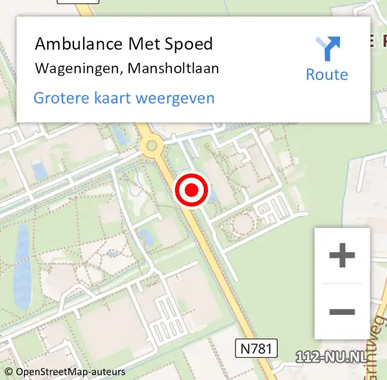 Locatie op kaart van de 112 melding: Ambulance Met Spoed Naar Wageningen, Mansholtlaan op 6 januari 2021 18:37