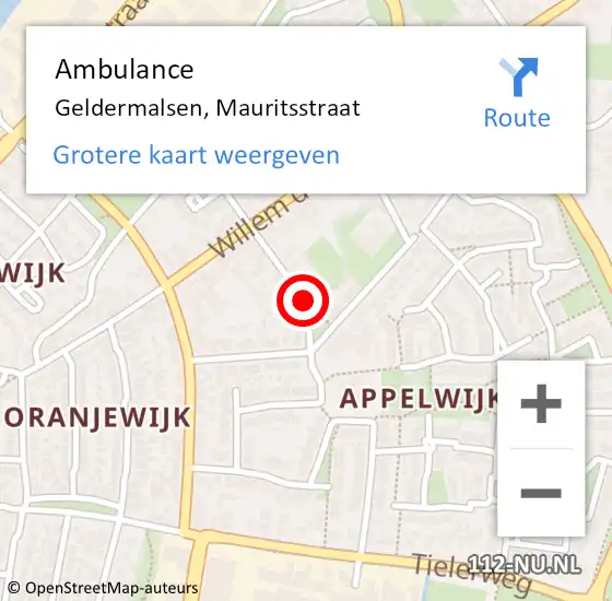 Locatie op kaart van de 112 melding: Ambulance Geldermalsen, Mauritsstraat op 8 januari 2021 15:26