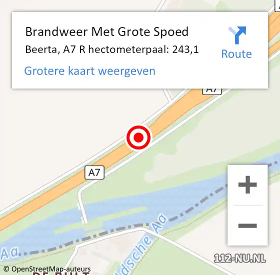 Locatie op kaart van de 112 melding: Brandweer Met Grote Spoed Naar Beerta, A7 R hectometerpaal: 243,1 op 8 september 2013 11:16