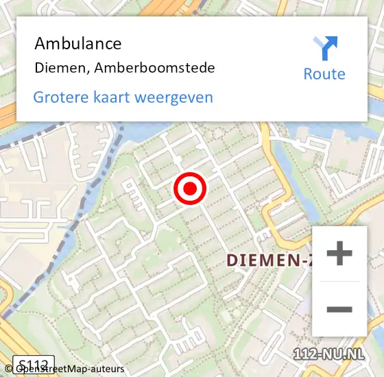 Locatie op kaart van de 112 melding: Ambulance Diemen, Amberboomstede op 15 januari 2021 14:05