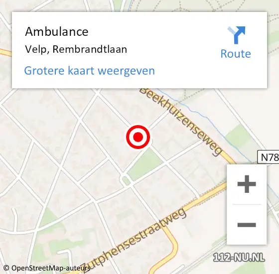 Locatie op kaart van de 112 melding: Ambulance Velp, Rembrandtlaan op 16 januari 2021 16:15