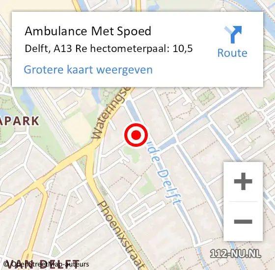 Locatie op kaart van de 112 melding: Ambulance Met Spoed Naar Delft, A13 Re hectometerpaal: 10,5 op 18 januari 2021 01:58