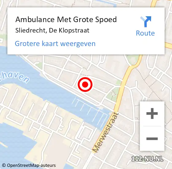 Locatie op kaart van de 112 melding: Ambulance Met Grote Spoed Naar Sliedrecht, De Klopstraat op 23 januari 2021 23:11