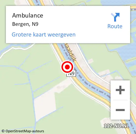 Locatie op kaart van de 112 melding: Ambulance Bergen, N9 op 1 februari 2021 13:58