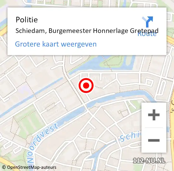 Locatie op kaart van de 112 melding: Politie Schiedam, Burgemeester Honnerlage Gretepad op 4 februari 2021 18:38