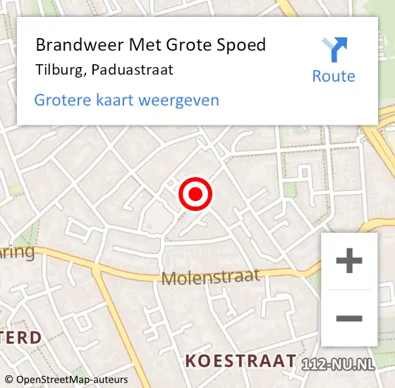 Locatie op kaart van de 112 melding: Brandweer Met Grote Spoed Naar Tilburg, Paduastraat op 5 februari 2021 22:48