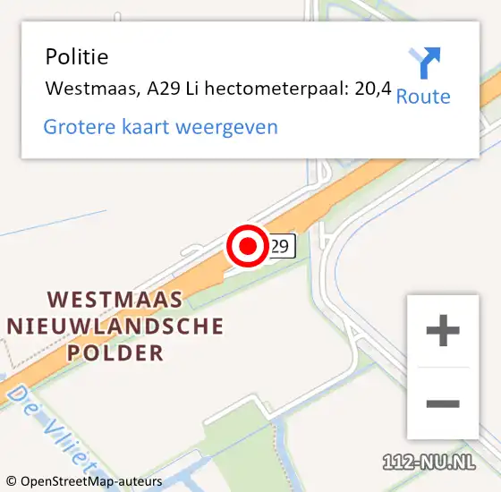 Locatie op kaart van de 112 melding: Politie Westmaas, A29 Li hectometerpaal: 20,4 op 6 februari 2021 09:34