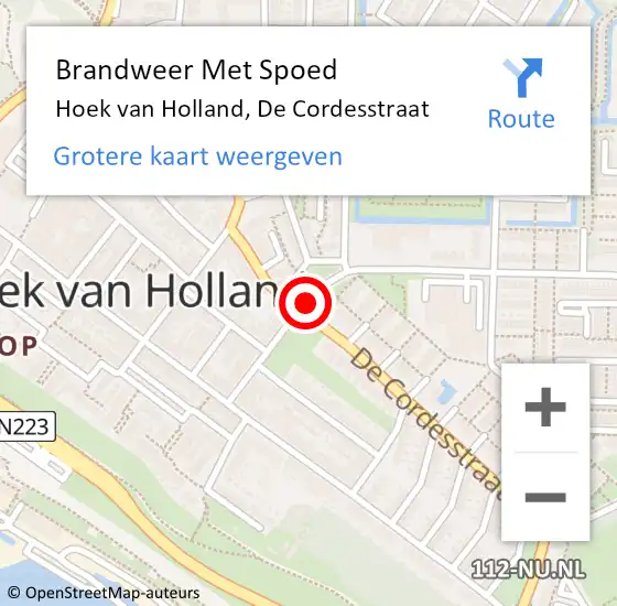 Locatie op kaart van de 112 melding: Brandweer Met Spoed Naar Hoek van Holland, De Cordesstraat op 6 februari 2021 12:18