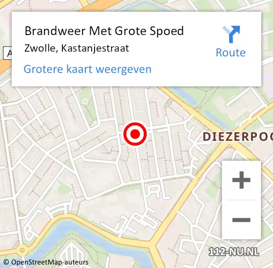 Locatie op kaart van de 112 melding: Brandweer Met Grote Spoed Naar Zwolle, Kastanjestraat op 10 februari 2021 12:46